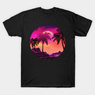 Pink vaporwave landscape with rocks and palms T-Shirt